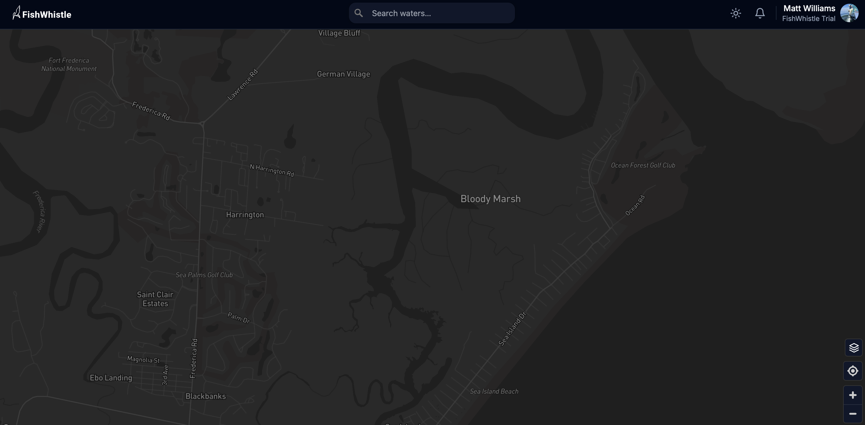 FishWhistle dashboard showing fishing predictions map